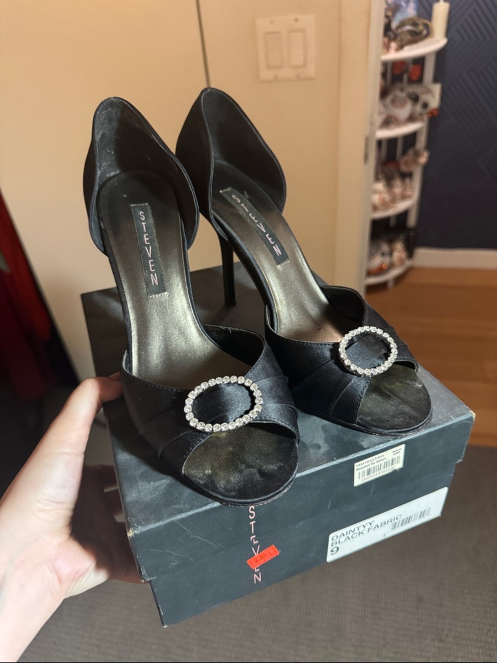 Steven by Steve Madden Black Satin Heels with Crystal Circle Accent